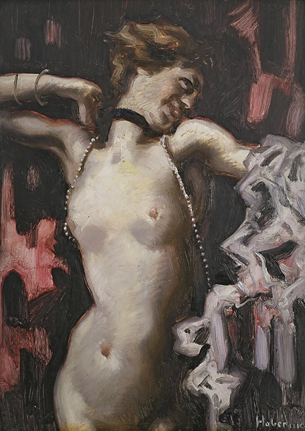 Hugo von Habermann - Nuda con collana di perle